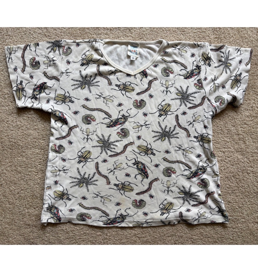 Vintage Sara's Prints Kids Insect Bug Print Pajama Top Shirt Cotton Cream Sz 12